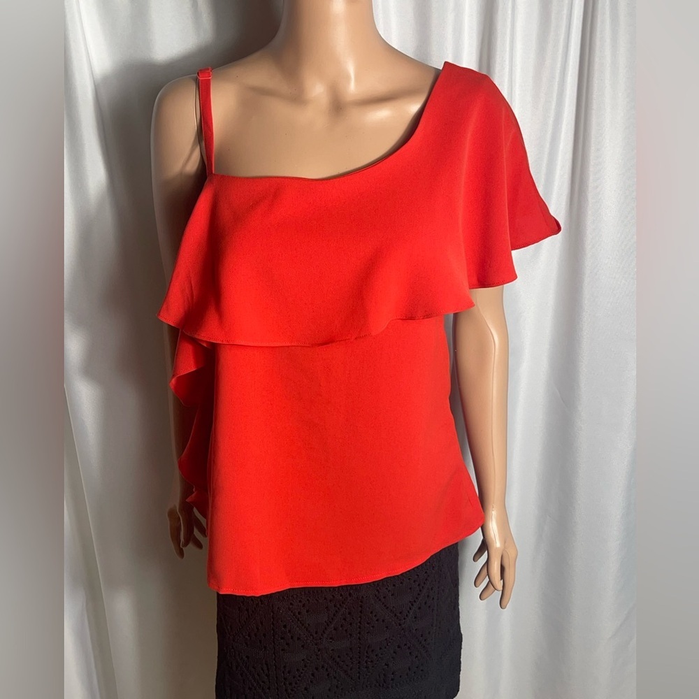 Sugar Lips Size M Red Cascade Ruffle One-Shoulder Sleeve Blouse Side Zipper